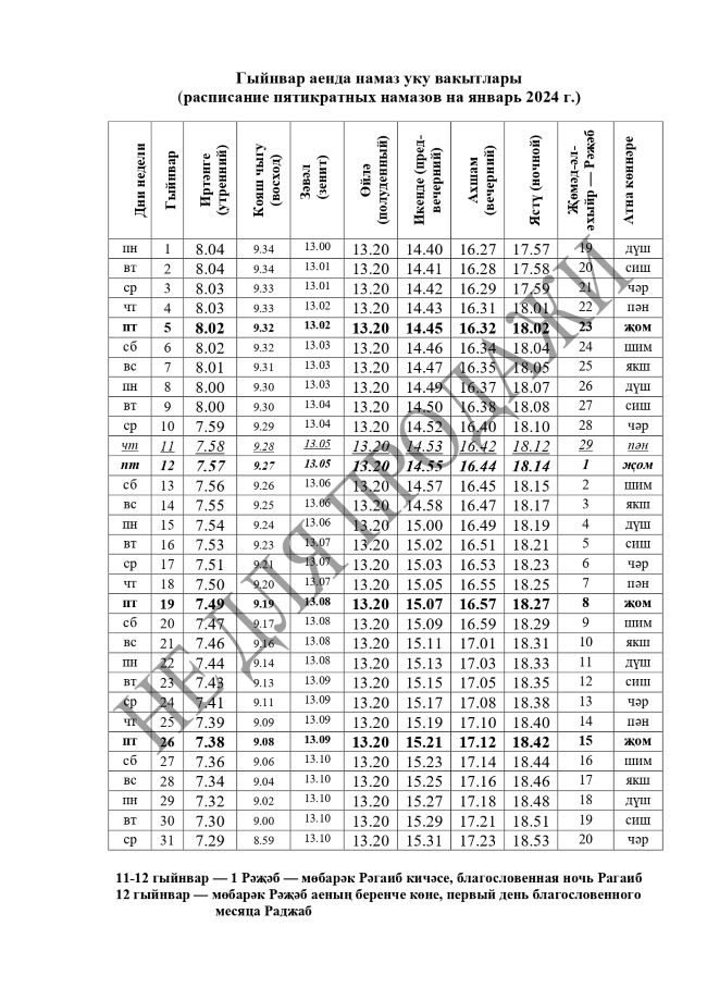 Таблица намаза 2024